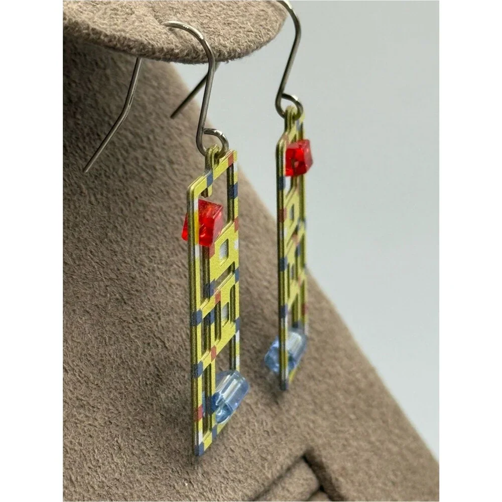 Vintage pop art Geometric Yellow Rectangle Drop Earrings with Red & Blue Accents